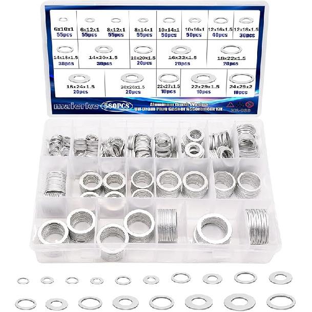 580PCS Crush Washer Oil Drain Plug,18 Sizes Aluminum Oil Drain Plug Gasket Assortment,Automotive Engine Crush Washers (M6 M8 M10 M12 M14 M16 M18 M20