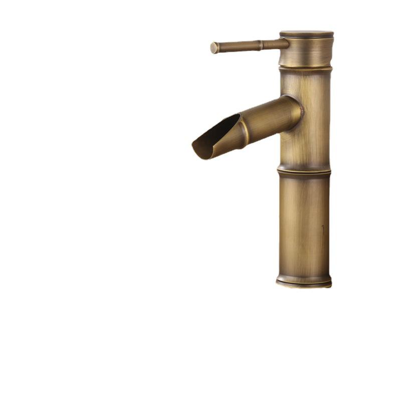 Baterie de baie europeană antică din cupru cu bambus – Baterie pentru lavoar cu apă caldă/rece pentru chiuvete deasupra blatului