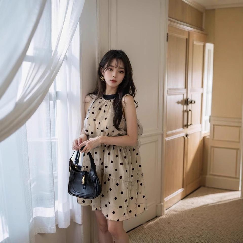 Women's Summer French Tie-Neck Polka Dot Sleeveless Dress - Petite Loose Short Skirt