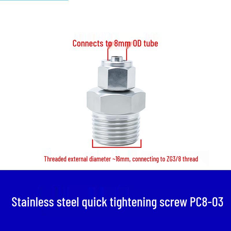 304 Stainless Steel Pneumatic Quick Connect Fitting for Air Hose and PTFE Tube, PC8-02.