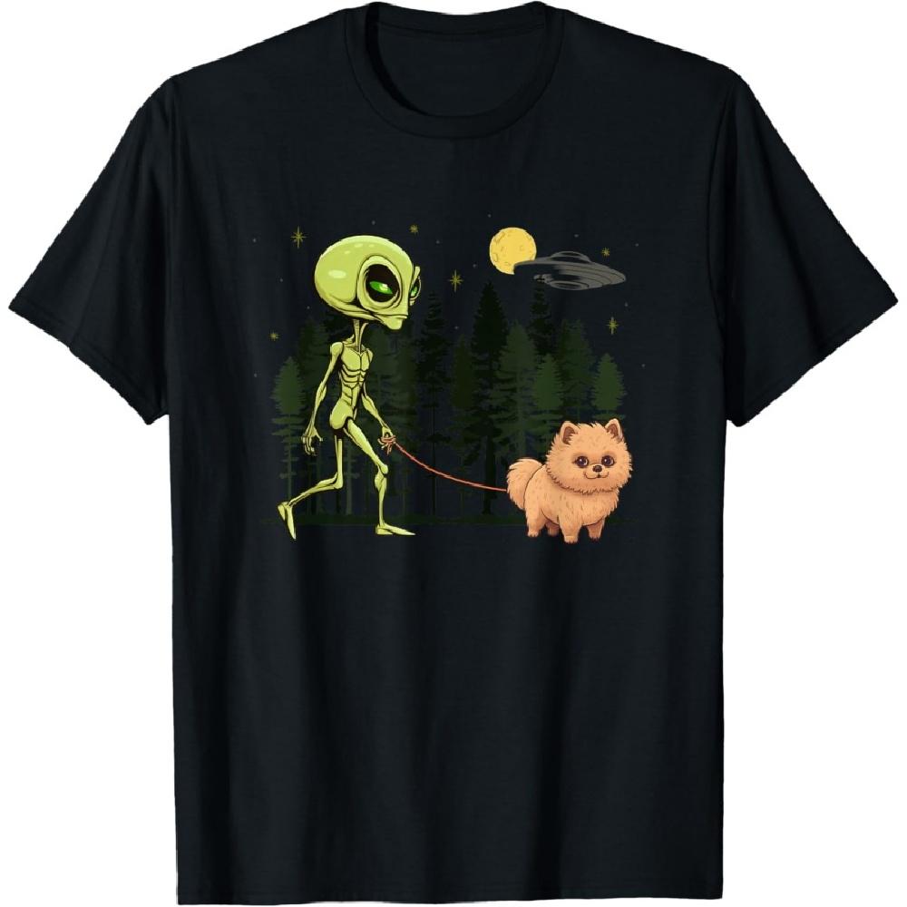 Funny Pomeranian Alien Walking UFO Pet Dog Mom Dad T-Shirt for Men Women Kids XXXXXL чёрный