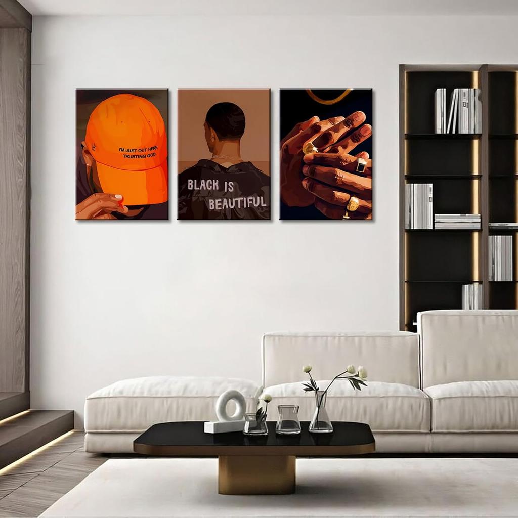 Black Men Canvas Wall Art Set of 3 Fashion African American Black Man Posters Prints Black Art Wall Decor Pictures for Living Room Bedroom