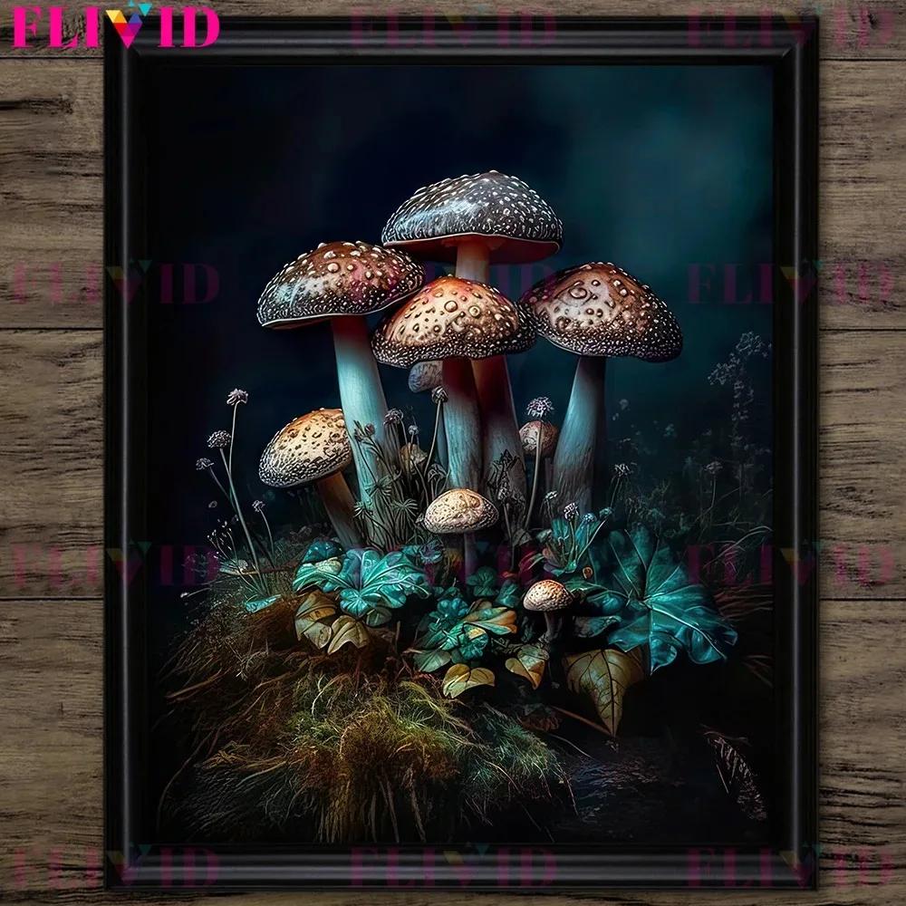 Dunkler Waldpilz und Vintage Rosa Rosen Vintage Wandkunst Druck Dunkel Botanisch Hexerei Gotischer Druck Wohnzimmer Dekoration