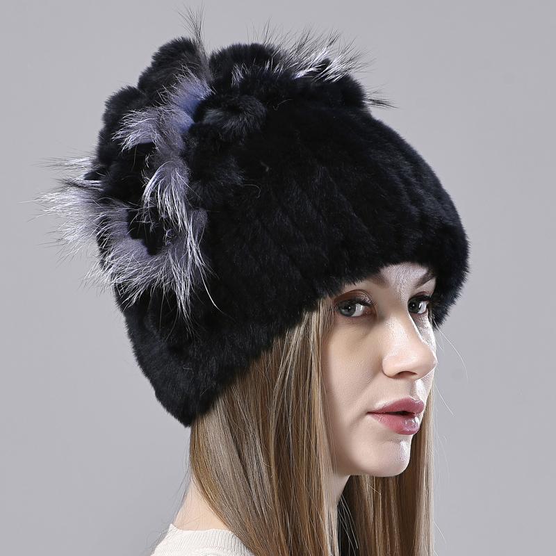 New Luxury Women Fur Hat For Winter Handmade Natural Rex Rabbit Fox Fur Cap Fluffy Female Fur Headgear Brand Warm Beanies Cap