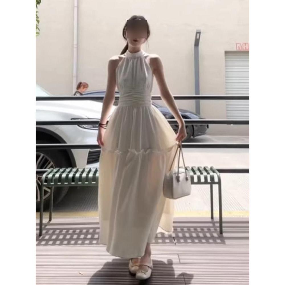 Sleeveless neck sling dress children's summer new seaside vacation style waist thin French temperament long dress