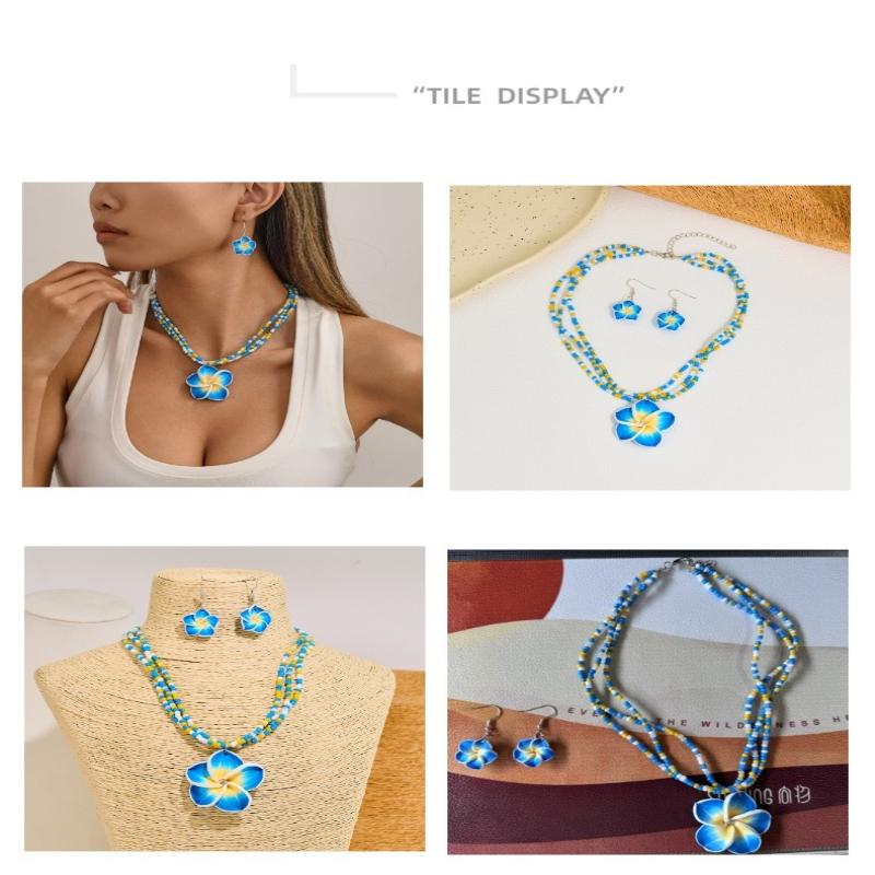 Polymer Clay Flowerwomen Jewelry Set Cute  Seaside Beach Colorful Flower Earrings Girls Sweet Beaded Chain Necklace Girl