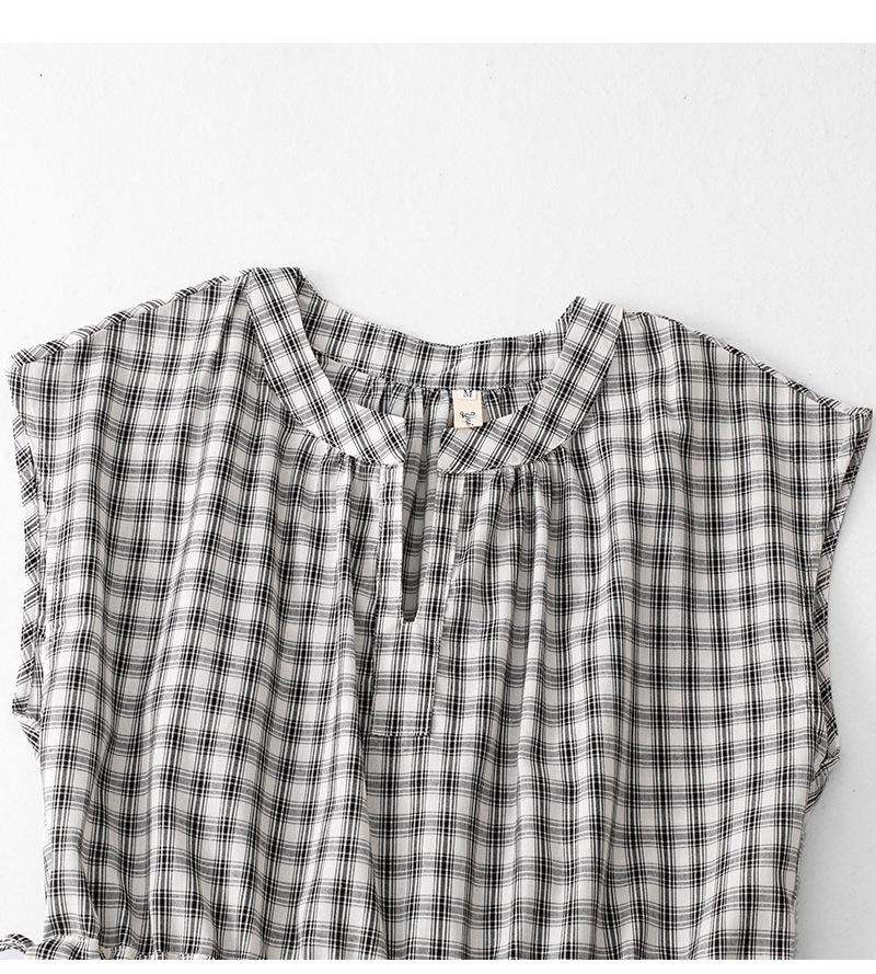 2026 Women's Black & White Plaid Drawstring V-Neck Cotton Sleeveless A-line Summer Dress