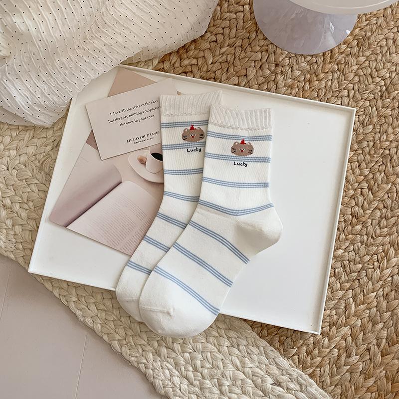 Female Autumn New Cartoon Cute Animal Stripes All Build Preppy Style Boneless Tube Stack Socks