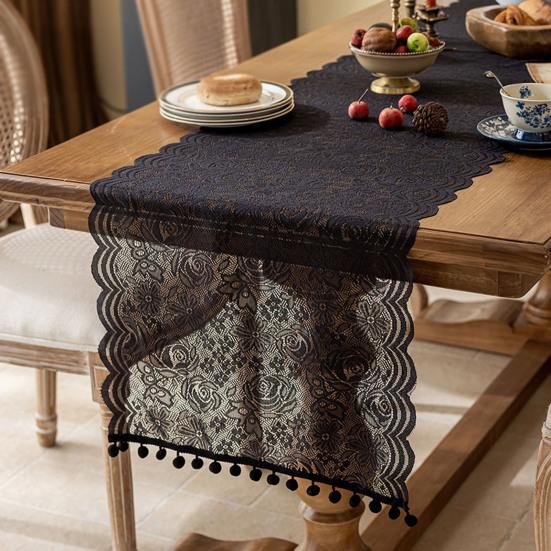 French Lace Table Runner Hollow Tassel Fringe Placemat Elegant Decorative Tablecloth Romantic Wedding Party Dining Table Dresser Buffet Decor