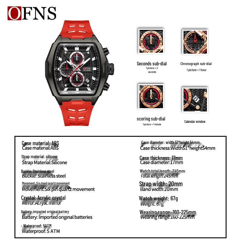 Oufanni Sportive Quartz Chronograph: Stylish Tonneau Men's Watch for Students with Multifunctional Design