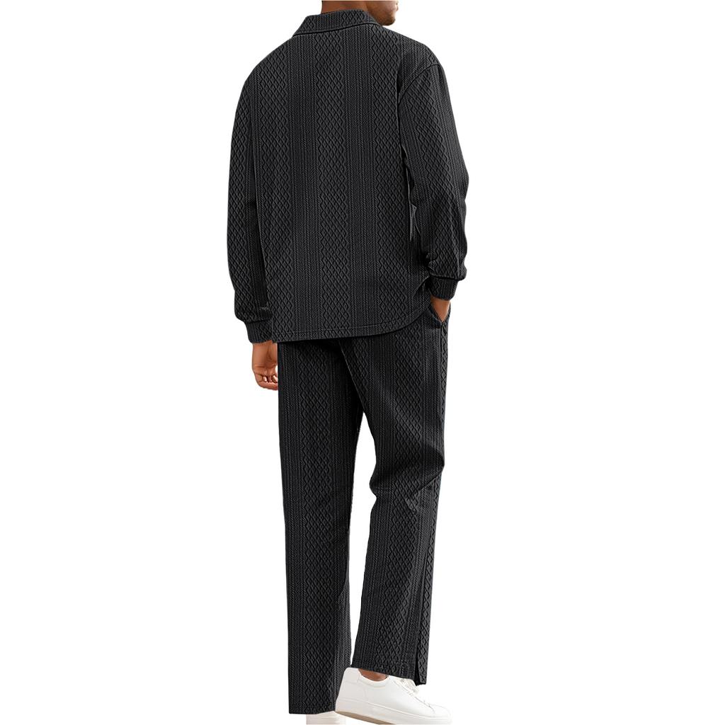 Solid-Color Textured Casual Collared Pullover Long-Sleeve Top And Pants Sports Set
