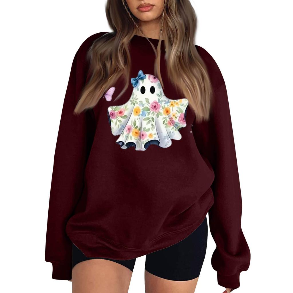 Women's Color Long Sleeve Neck Sweatshirt with Halloween Print Casual Loose Fit Pullover Top
