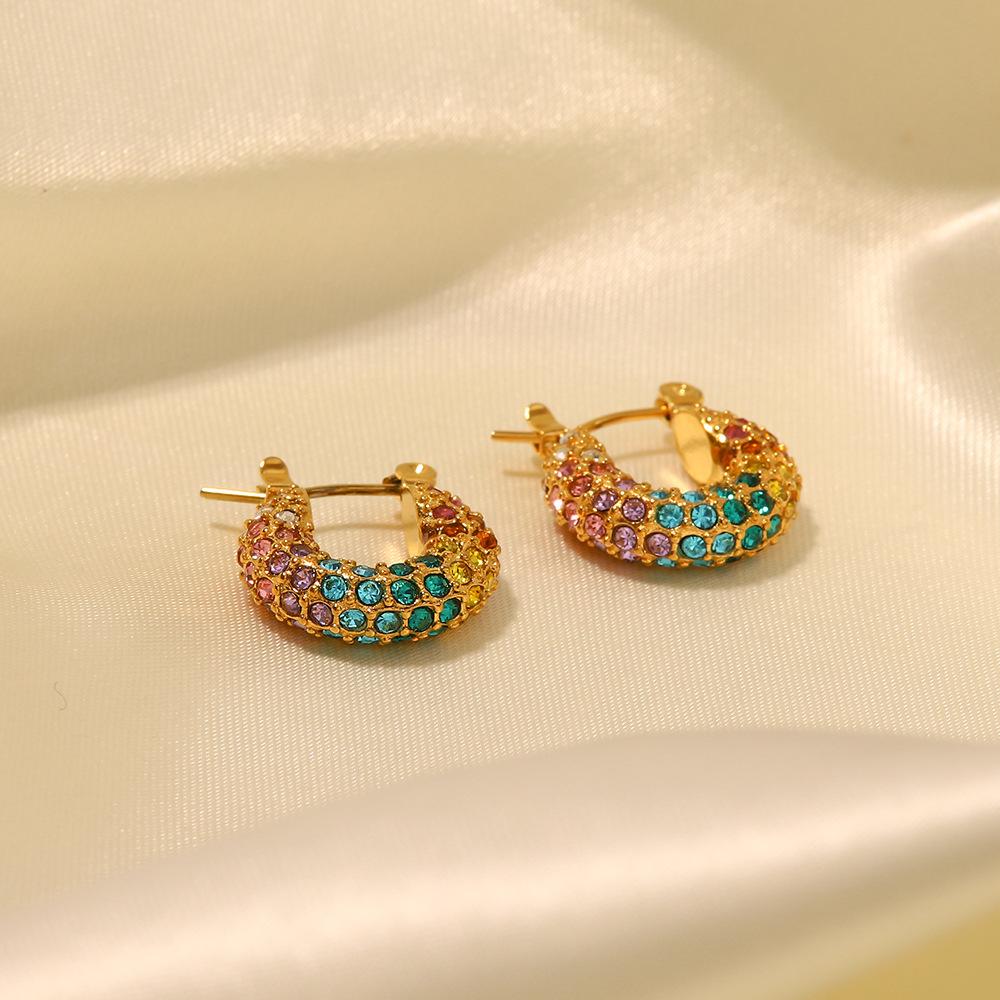 New Lava Hammered Colorful Zircon Earrings 18K Stainless Steel Gold Plated Chunky Hoop Earrings