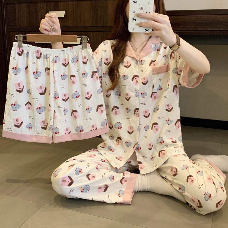 Sweet Girl Cute Little House Summer Pajamas Women'S Loungewear Cloud Cotton Loose And Comfortable Three-Piece Set