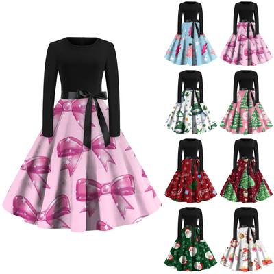 Women's Fashion Round Neck Casual Slim Christmas Printed Long Sleeve Dresses