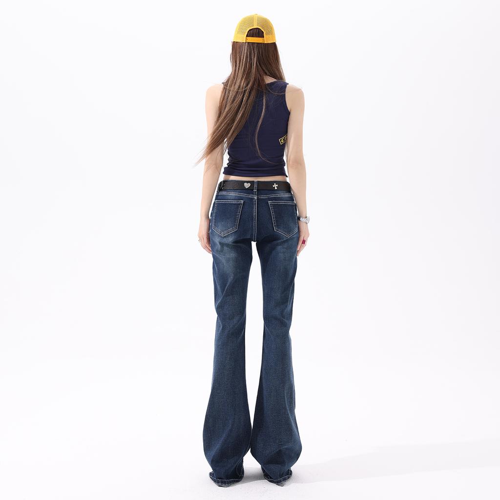 New product, Korean group ancient and spicy, fashionable and thin elastic flared pants, denim micro-pull pants for women