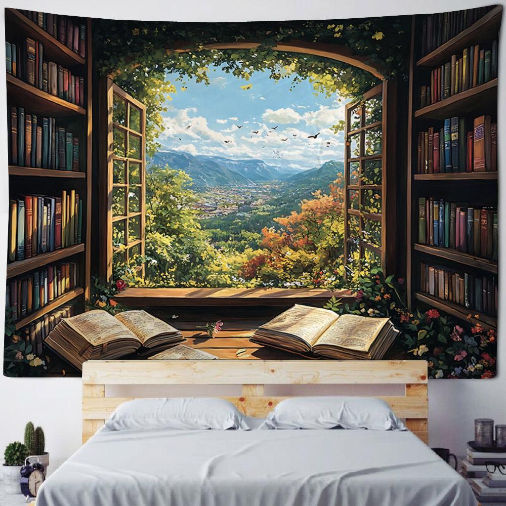 Magic Bookshelf Wall Mounted Tapestry Library, Living Room Background Cloth, Aesthetic Bedroom Decoration, Dreamy Home Decor