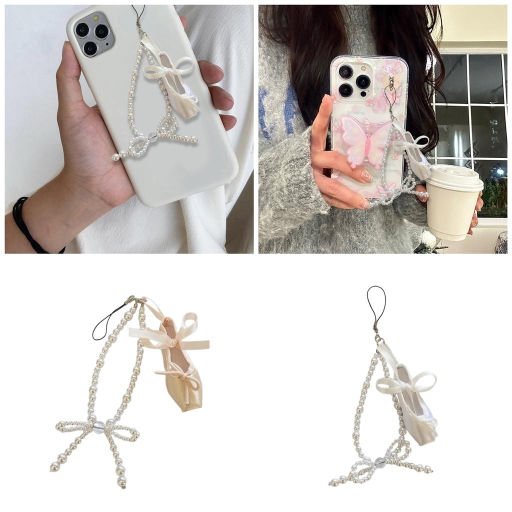 Elegant Pearls Ballet Shoe Phone Charm Handmade Sturdy Pendant for Phone and Bag Versatile Use Fashion Accessory