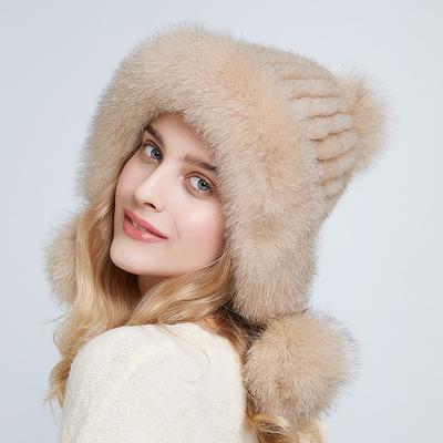 Winter Real Mink Fur Hat for Women Fox Fur Pompom Ear Protect Caps Warm Lined Knitted Fur Beanie Hat With Custom Logo
