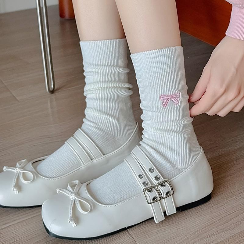 Embroidered Bow Socks Stacking Socks Season Pure Cotton Boneless Double Needle Cute Cotton Medium Tube Socks Women