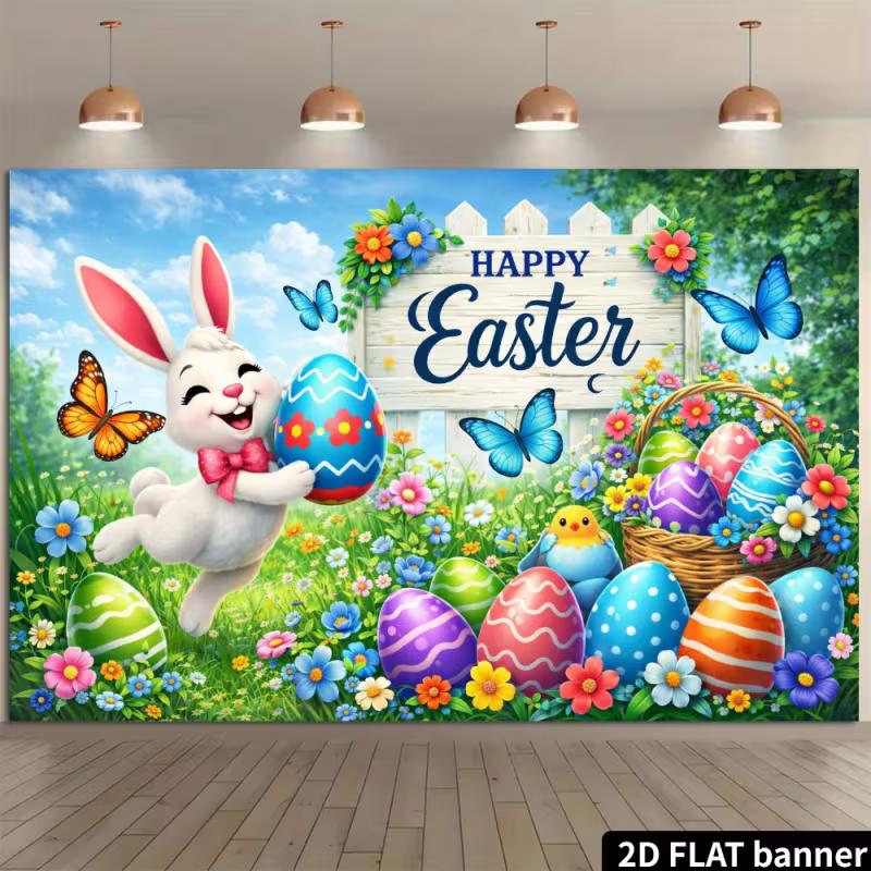 2D Spring Floral Easter Background, Happy Easter Bunny & Eggs Backdrop for Party Events
