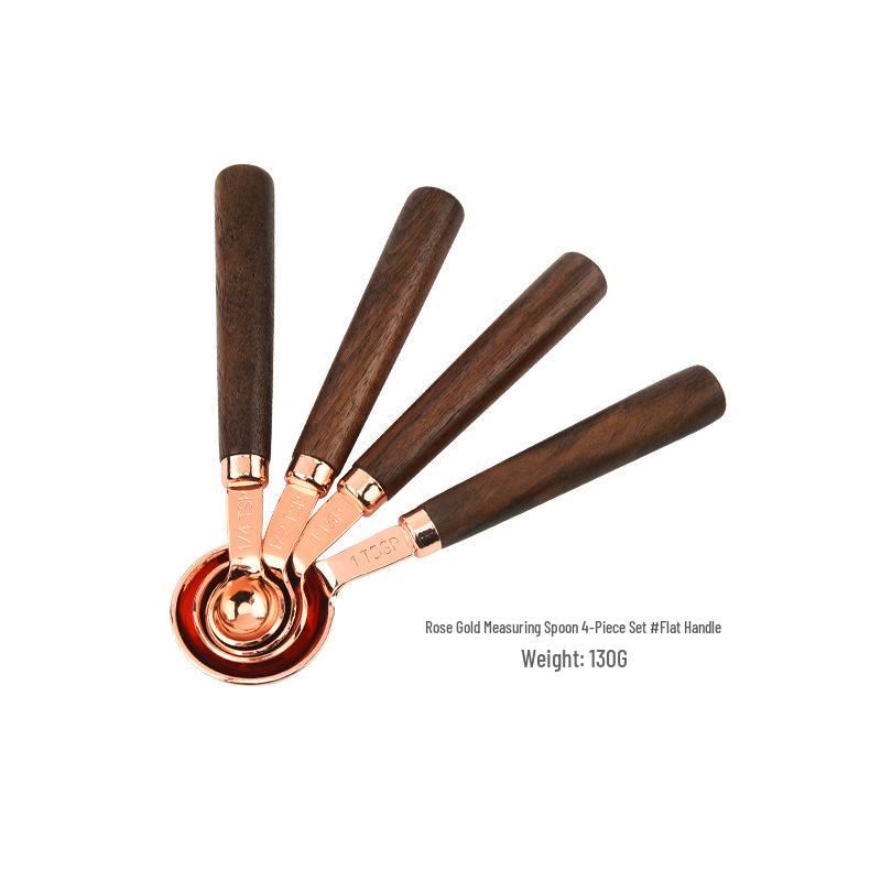 Gold-Plated Stainless Steel Measuring Cups & Spoons Set with Acacia Wood Handles – 8 Pieces