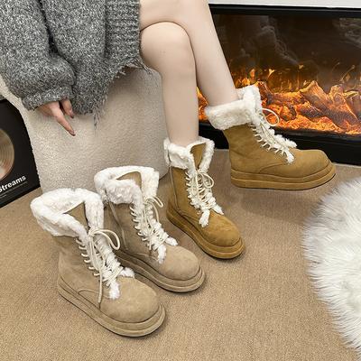 Damen dicke Sohle Winter leicht warm ein Hocker Leder Fell eins gepolstert Schneestiefel rutschfest tragen lässige Turnschuhe Martin Baumwollstiefel