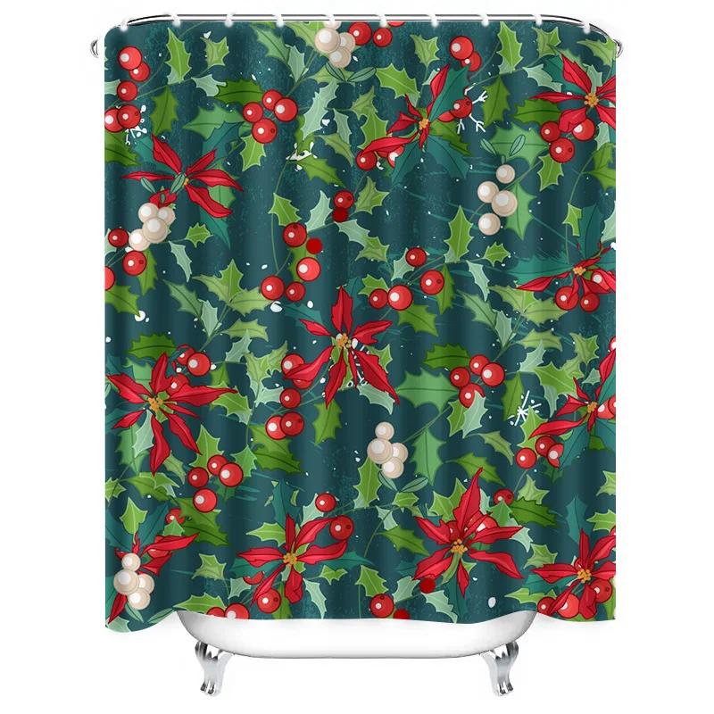 GAETU Festive Christmas Poinsettia Shower Curtain Waterproof Holiday Floral Bathroom Decor Set Red Green Xmas Holiday Home Tex