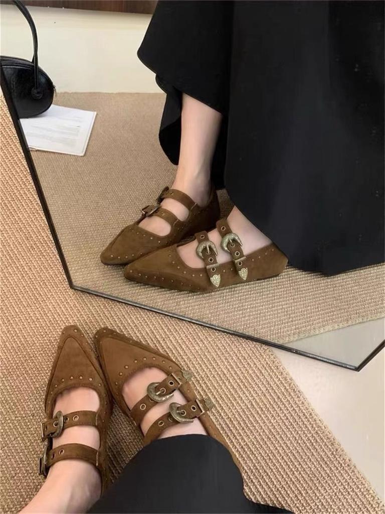 Single Shoes Women's Retro Mary Jane Women's Shoes Will Increase In Height Within 2025, Niche New Models, Rivets, Pointed Heads, Versatile Suede Comm