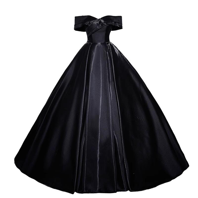 Black One-word Shoulder Evening Dress Banquet Celebrity Princess Tutu Skirt Art Test Light Luxury Niche Vocal Art Test Evening Dress