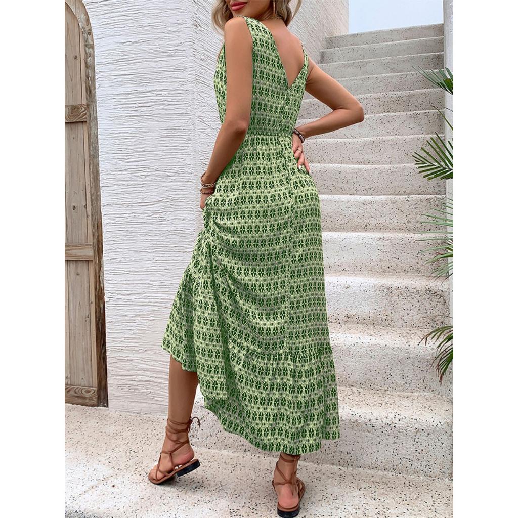 Summer Women Elegant High Waist Geometric Print Sleeveless Dress European American Casual Fashion Streetwear