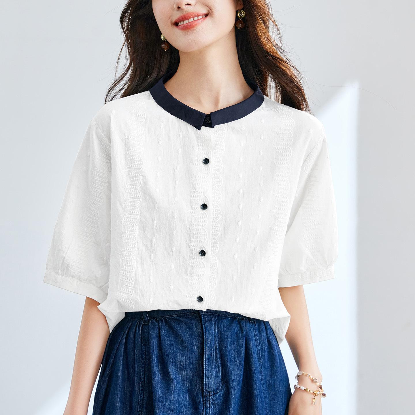 

Белая рубашка с колор-блокингом на воротнике, вышивкой, на лето, новая, для работы, повседневная, женская, в корейском стиле, универсальная рубашка-кардиган XXL