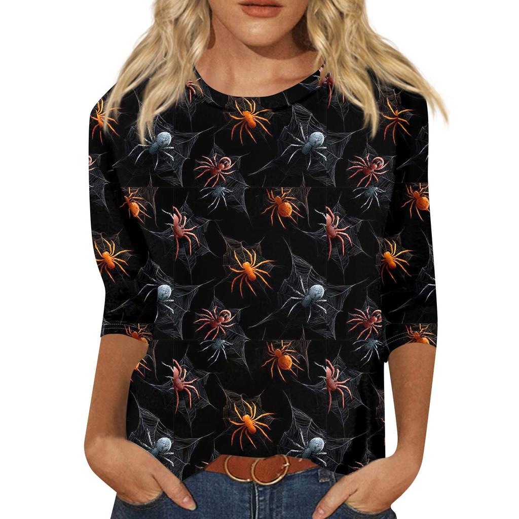 Dámské módní ležérní tričko s tříčtvrtečním rukávem a halloweenským potiskem, s kulatým výstřihem