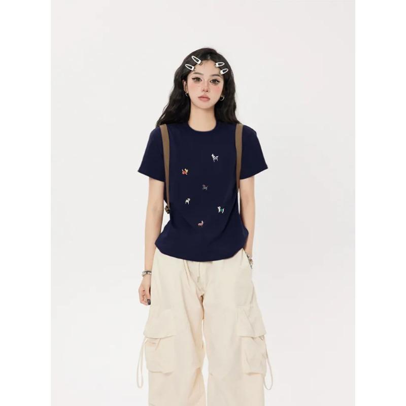

Women s Cute Cartoon Dog Print Cotton Crew Neck Short Sleeve T-Shirt Casual Slim Summer Top S чёрный