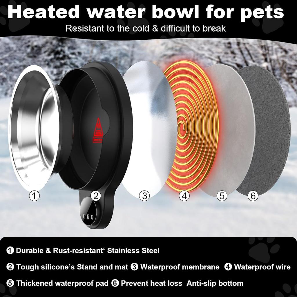 Heated Water Bowl for Outdoor Dogs Cats, 100W Heated Dog Bowls, Adjustable Temperature Heated Pets Water Dish with Removable Stainless Steel Bow for