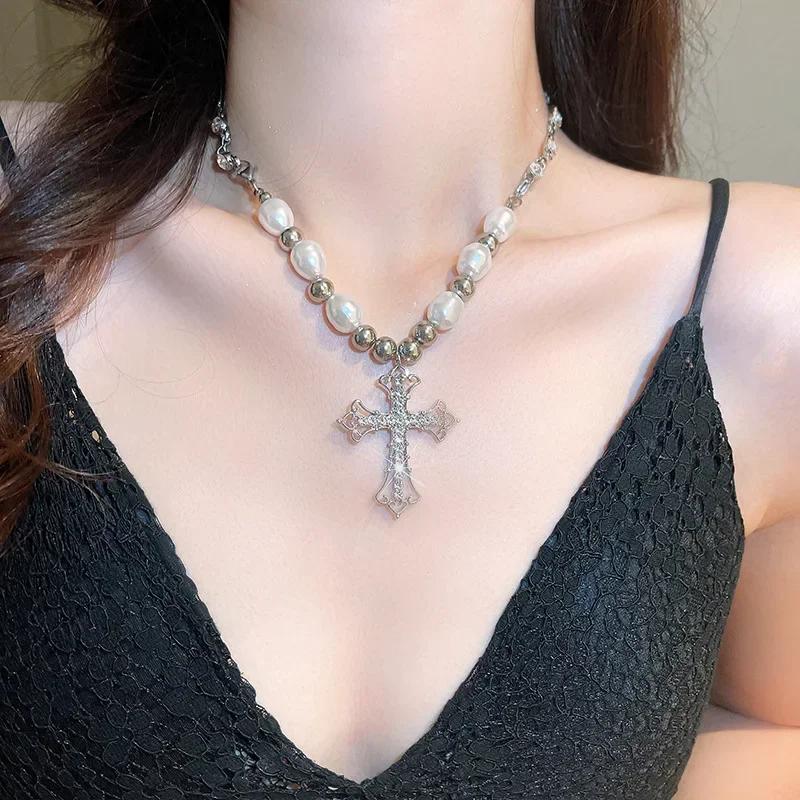 2025 Trendy Pearl Cross Pendant Necklace Hip Hop Retro Men Women Religious Jewelry Boys Girls Anniversary Party Birthday Gifts