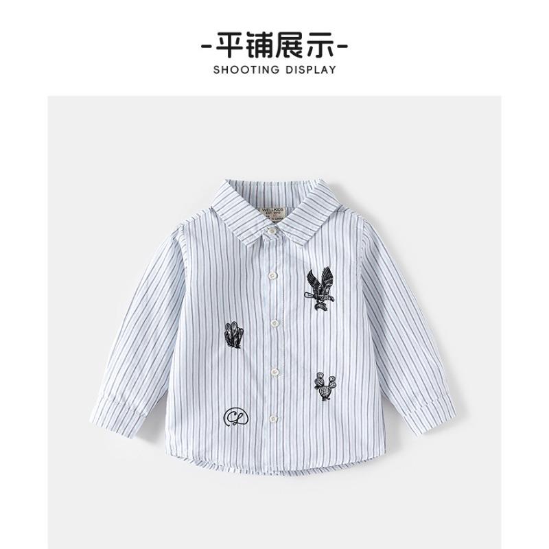 Kids Boys Long Sleeve Striped Embroidery Casual Children Shirt Spring Autumn Top