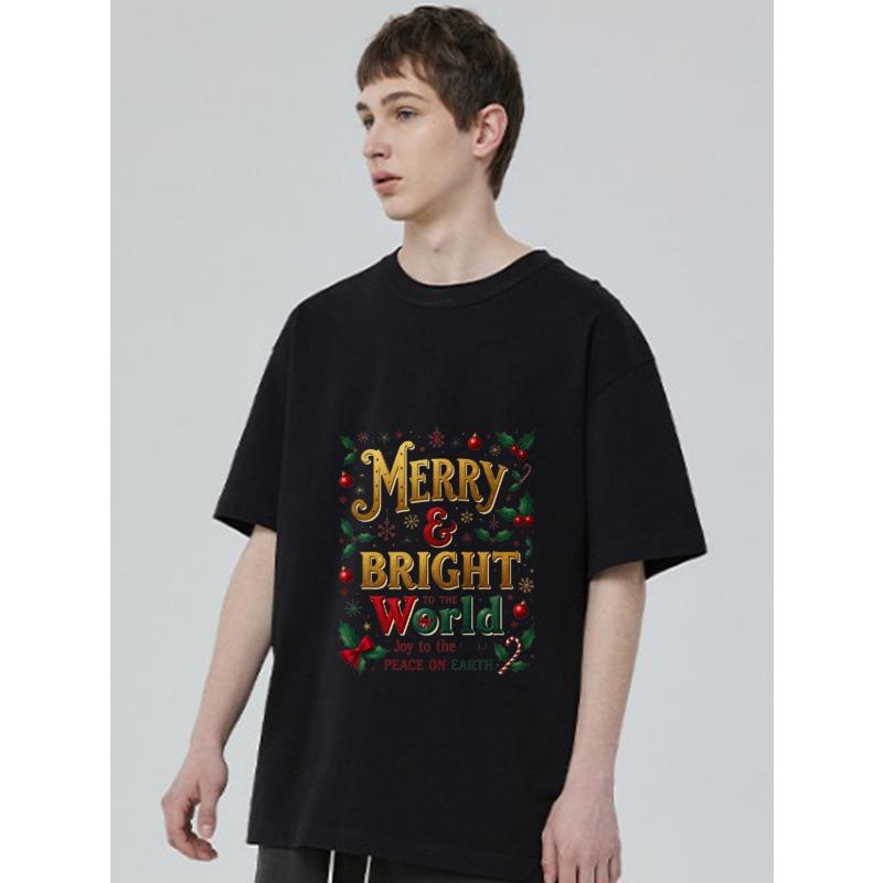 Merry and Bright World Christmas T-Shirt Black Holiday Text and Floral Design for Christmas Celebration