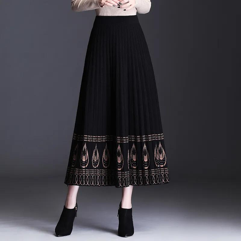 Γυναικεία πλεκτά μακριά φούστα πλισέ γυναικεία Άνοιξη Χειμώνας Φθινόπωρο Vintage ρούχα με ψηλή μέση Faldas