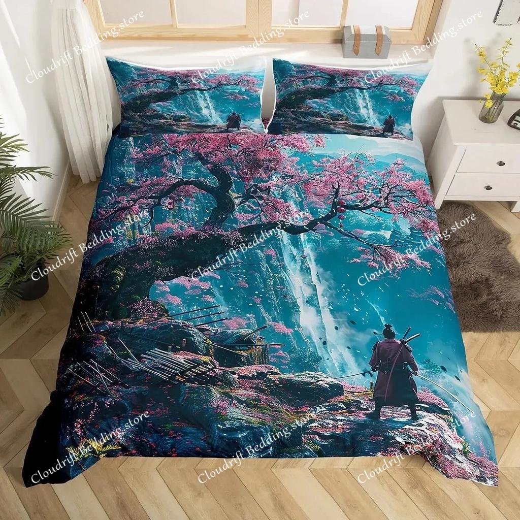 Fashion Japanese Samurai Bedding Set Full Size Cherry Blossoms Duvet Cover Red Sun Hokusai Comforter Fuji Mountain Quilt Cover