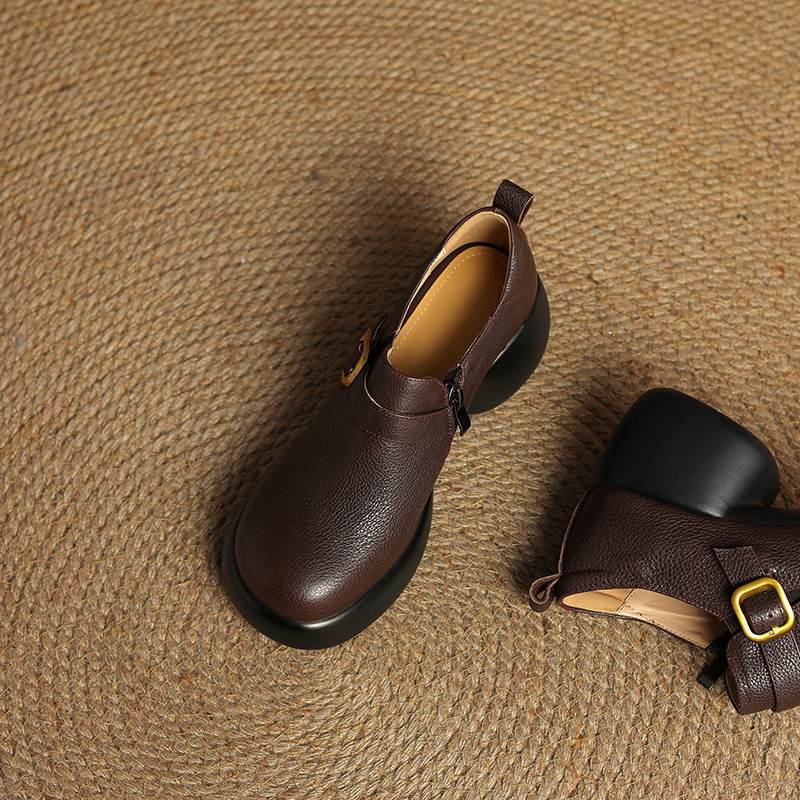 Krazing Pot cow skin Autumn Winter Shoes Metal Buckle Loafers chunky Heels Slip on Size 43 Round Toe Slip on Deep Mouth Pumps