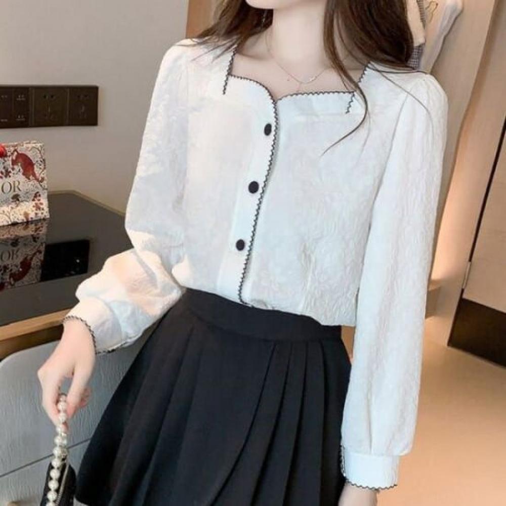 Navava Romantic Color Block Square Neck Long Sleeve Blouse Nb2929