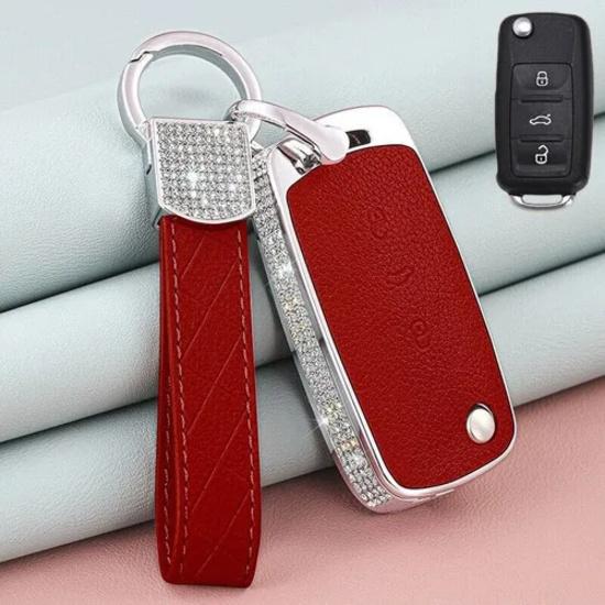 A+ Zinc Alloy Leather Diamond Car Key Case Cover For VW Polo Beetle Passat Jetta