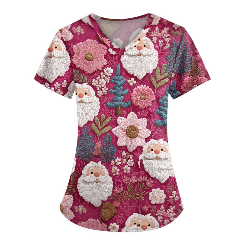 Women's Christmas Printing Short Sleeve V-neck Tops Working Pocket Blouse