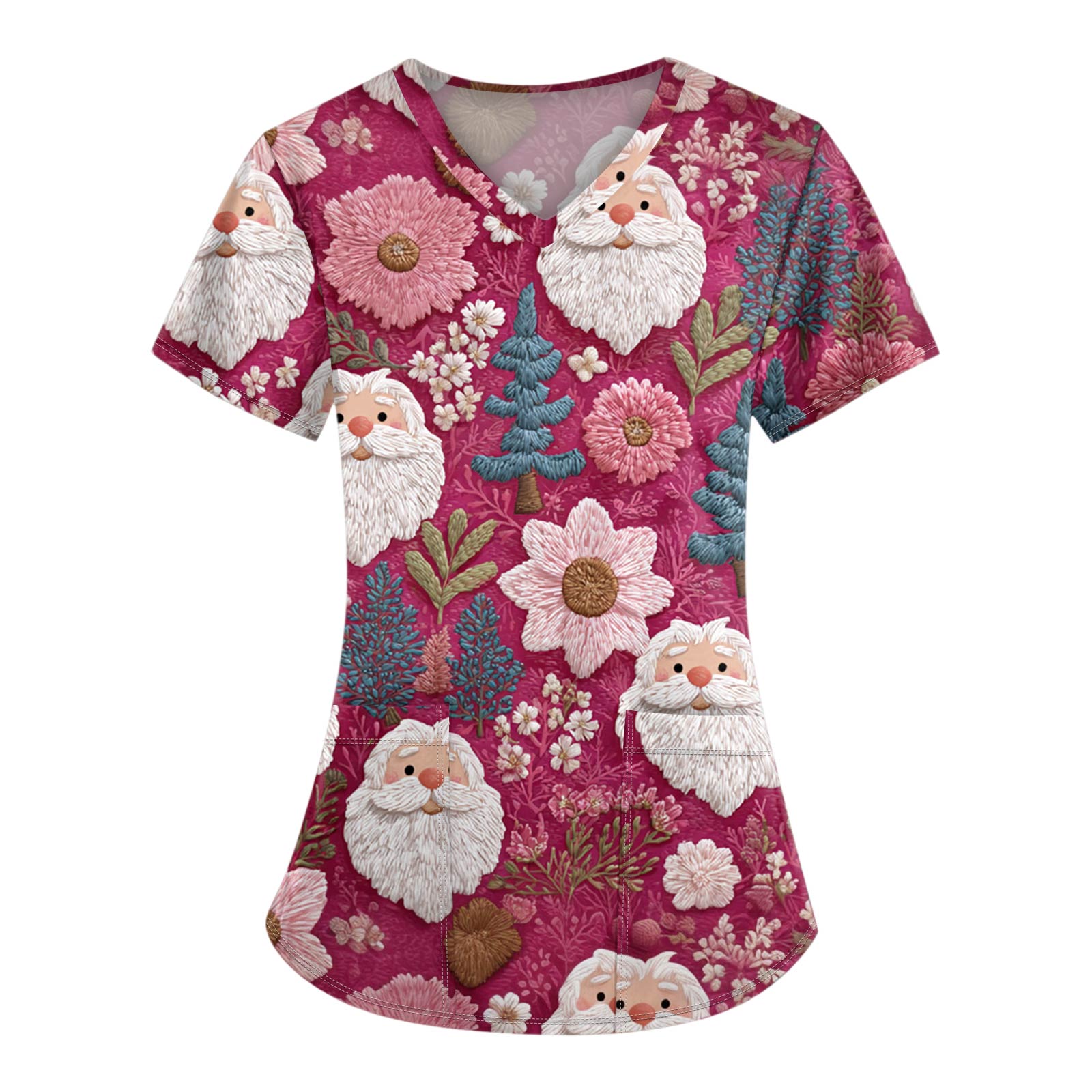 Women s Christmas Printing Short Sleeve V-neck Tops Working Pocket Blouse L