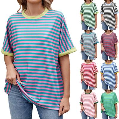 Women's Loose Casual Striped Contrasting Round Neck Short Sleeved T-Shirt Top Top