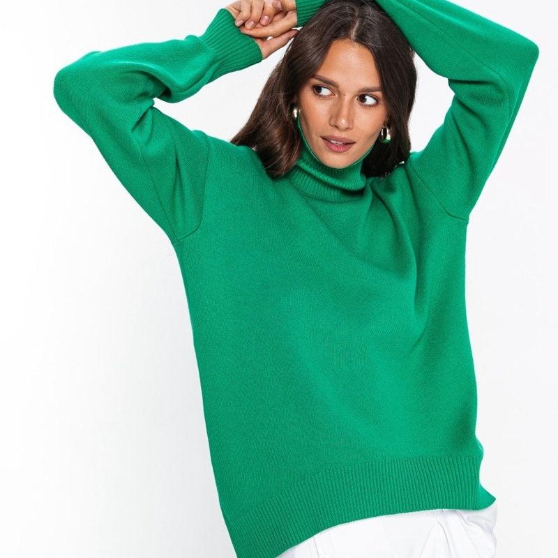 Frauen Herbst Winter Lose High Neck Langarm Einfarbig Pullover Chic Gestrickte Tops