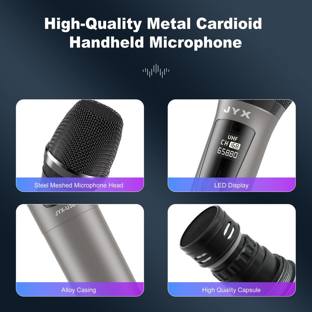 Wireless Microphones, UHF Dual Cordless Handheld Dynamic Mic with Receiver 1/4'' Plug, (160ft Range), Metal Rechargeable Karaoke Microphones