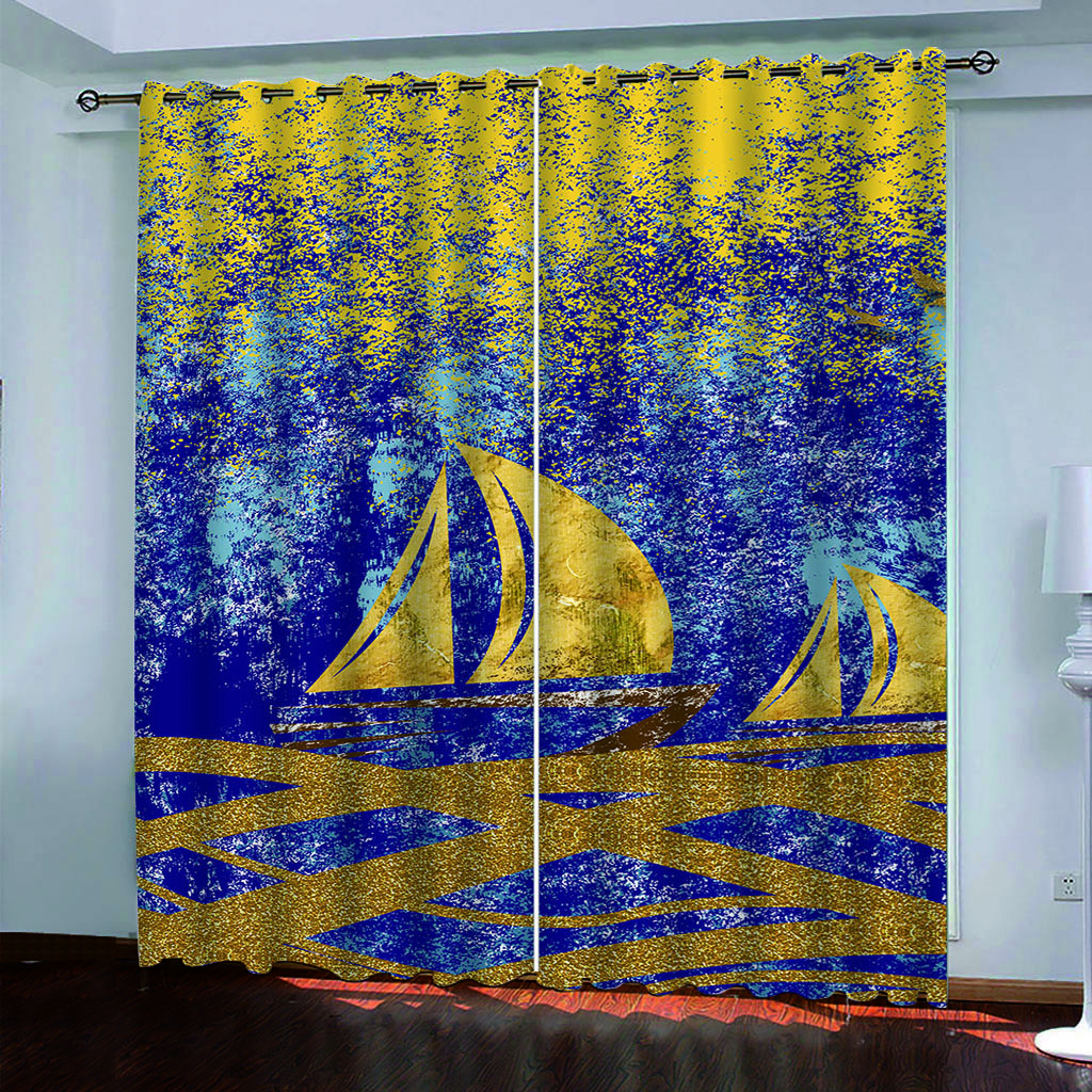 

Kids Cartoon Ocean Sailboat 3D Curtains 2 Panel Boys Girls Room Bedroom Living Room Window Decor Curtains Fashion W70xH160cmx2&Grommet Top