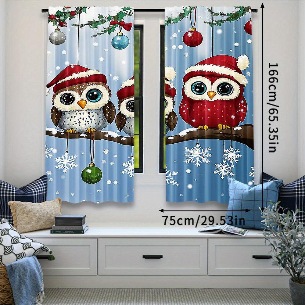 Set Of 2 Owl Family Christmas Curtains Santa Hat Snow Scene Polyester Living Room Bedroom Kitchen Decor Curtain Machine Washable Perfect For Sitting
